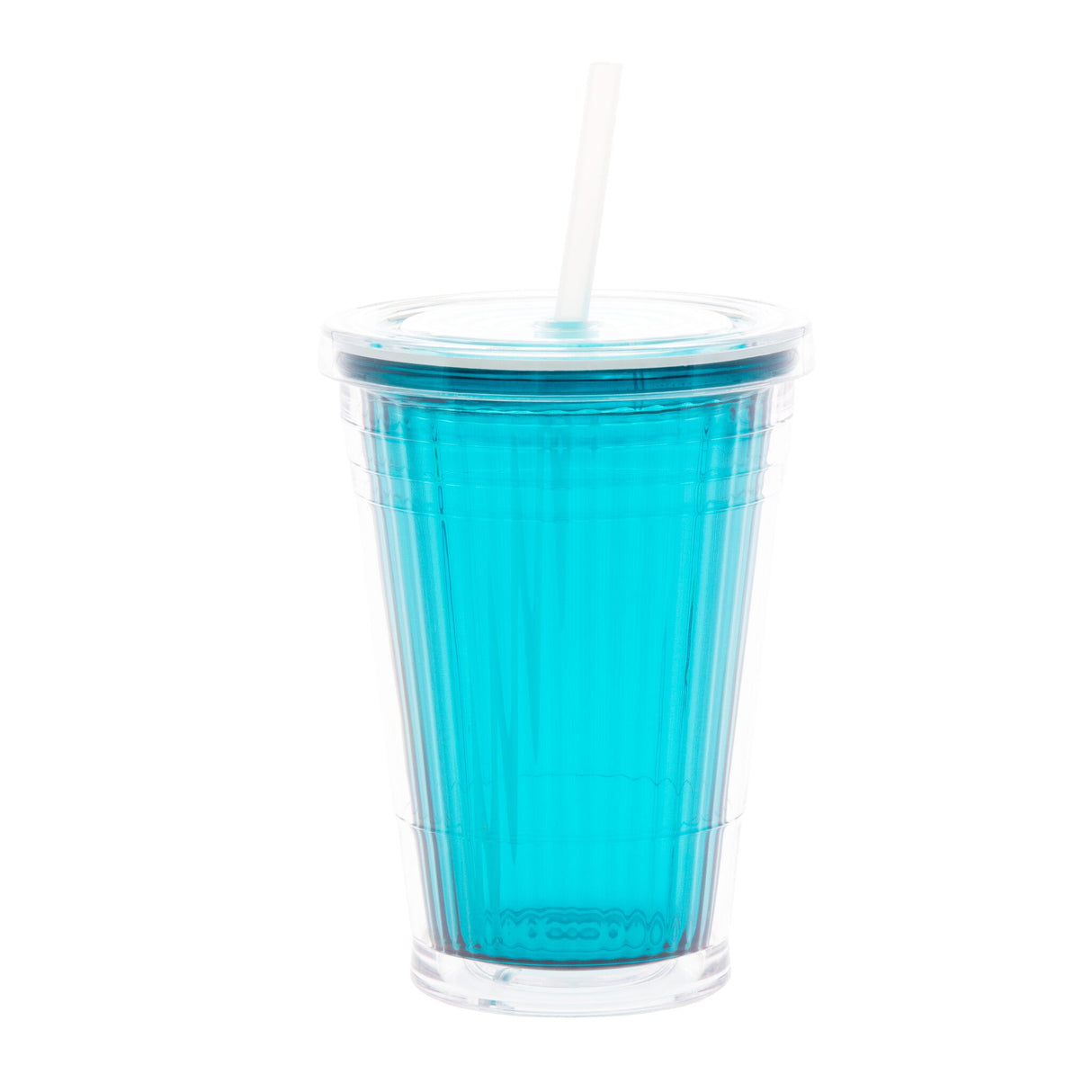 Gimex Thermobecher 450 ml doppelwandig, Trinkbecher, robust mit Schraubdeckel und Trinkhalm - türkis, brombeerfarben, lime