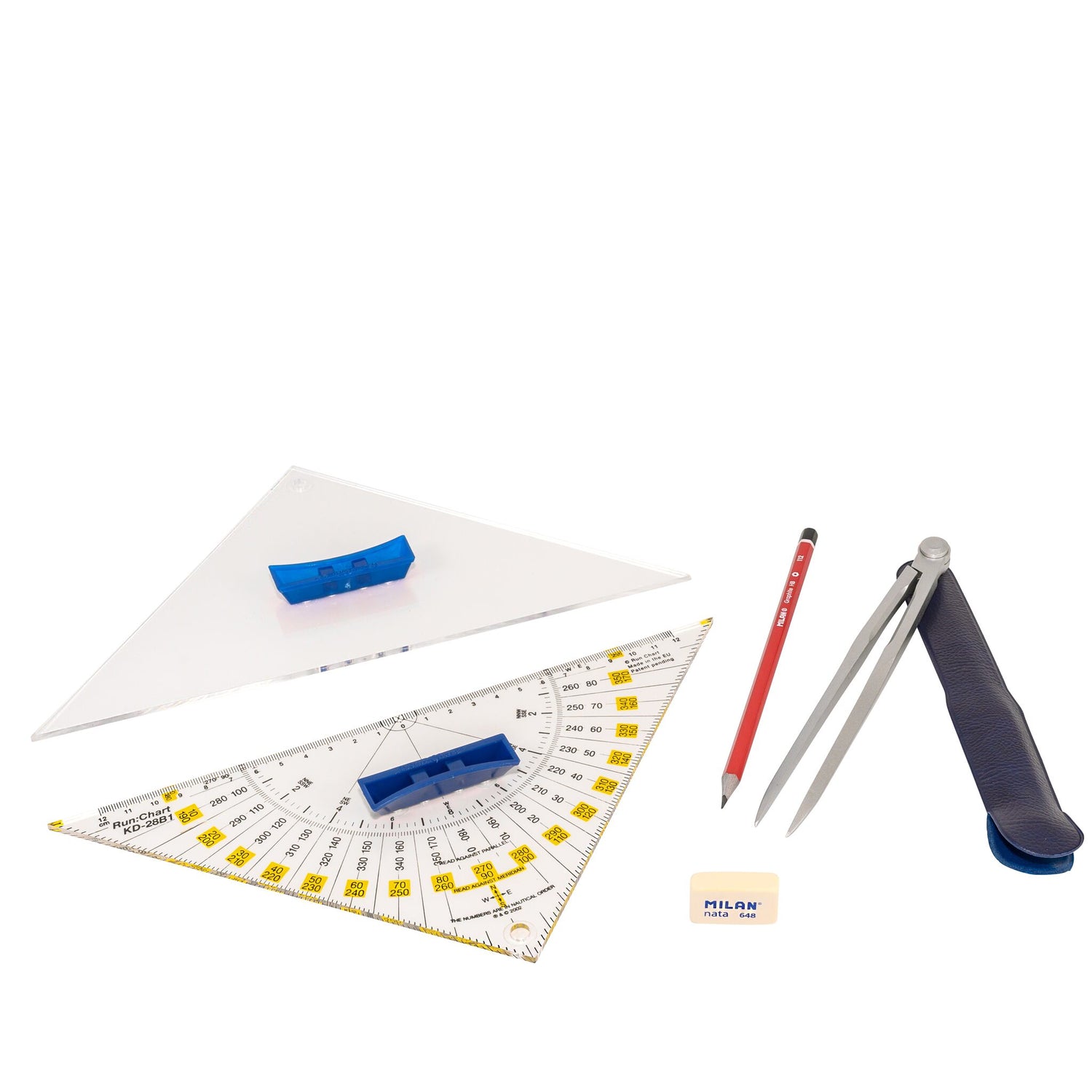 Navigationsbesteck-Set: Seekartenbesteck für Sportboot-Ausbildung, mit Kurs- und Anlegedreieck, Marinezirkel 275 mm, inkl. Bleistift, Radiergummi, Plastiktasche