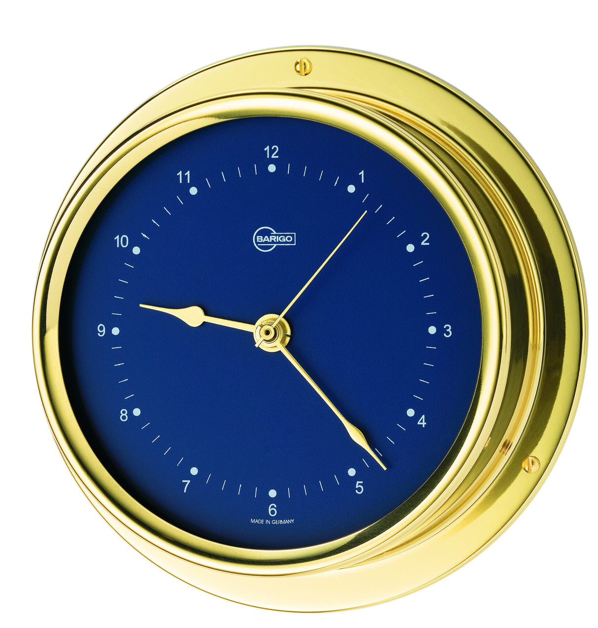 BARIGO ship's clock quartz movement, marine clock, polished brass case, blue dial