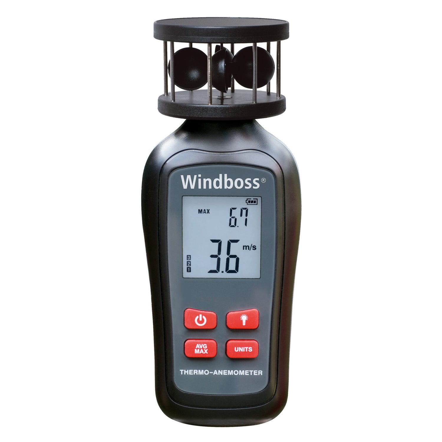Handwindmesser Windboss mit horizontal drehenden Windradschalen, Anemometer, präzise Windmessung mit Stativgewinde