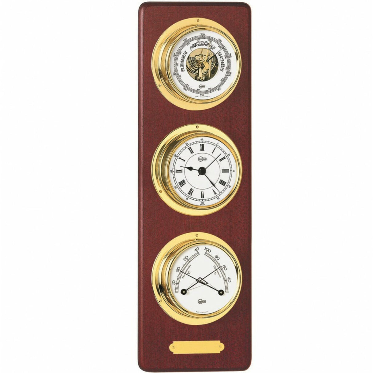 BARIGO Wetterstation Barometer, Comfortmeter, Schiffsuhr, Mahagoni-Wandbrett, Messing-Gehäuse, Ø 70 mm Skala, Klimaanzeige, Präzisionsinstrument