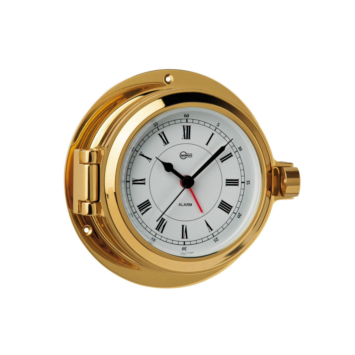 BARIGO ship's clock porthole design made of highly polished brass, quartz clock with alarm function, easy battery change with special hinge