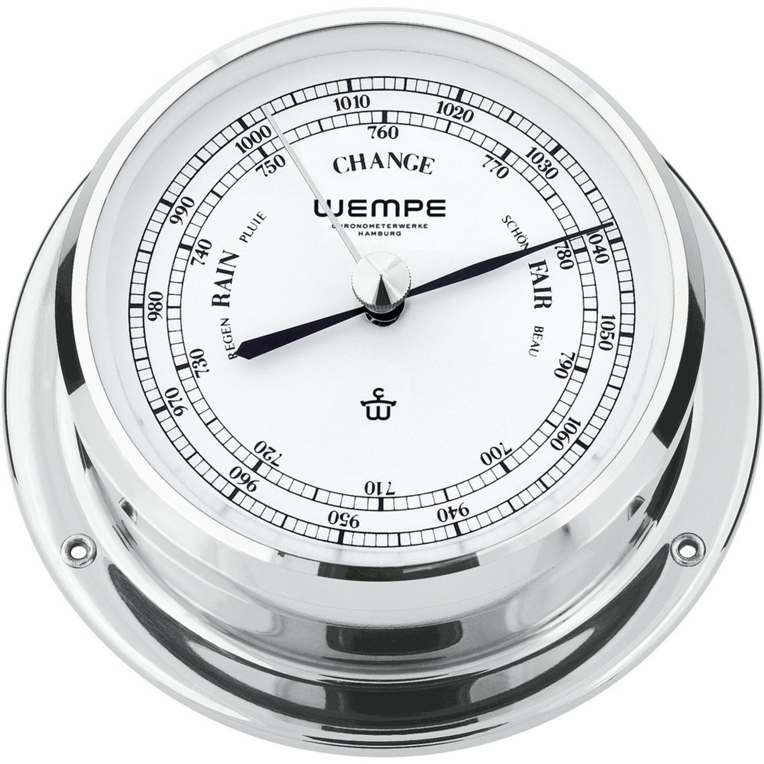 WEMPE Barometer mechanisches Druckdosen-Quarzuhrwerk massives verchromtes Messinggehäuse leicht zu öffnender Druckknopfverschluss arabische Skala
