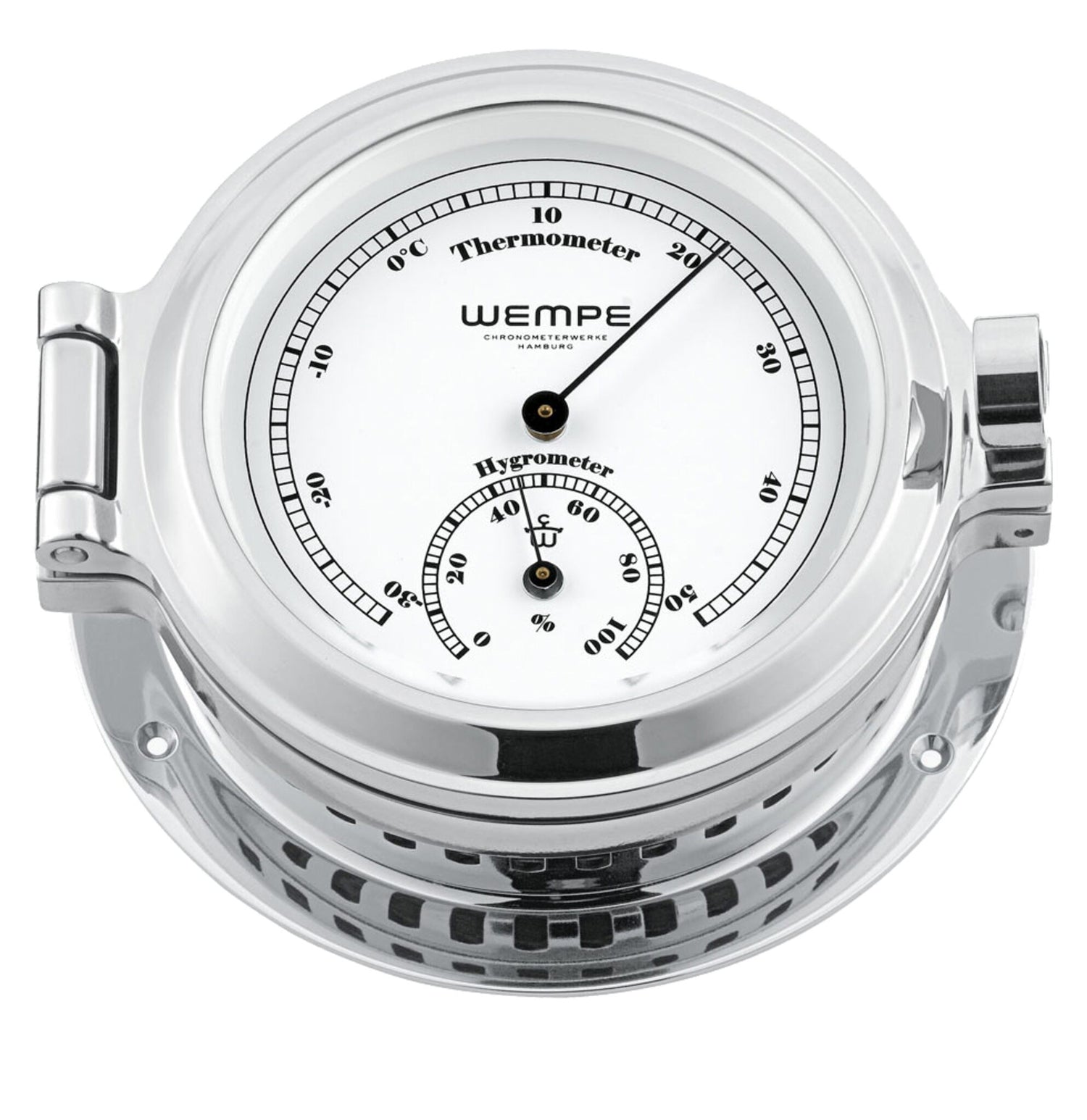 WEMPE Thermometer und Hygrometer Bullaugen-Schiffsuhr, Kombiinstrument aus verchromtem Messing, Quarz-Batteriewerk