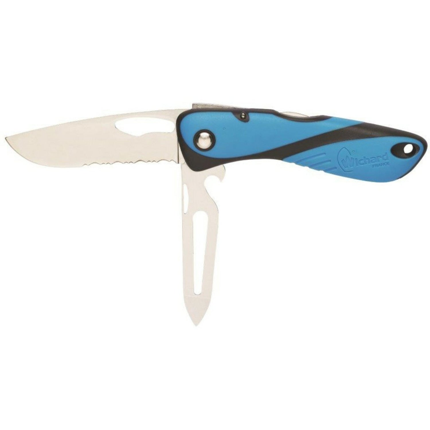 WICHARD Offshore-Messer Taschenmesser mit Edelstahlklinge, Segelmesser, ergonomischer Softtouch-Griff und Marlspieker - rot, blau, gelb