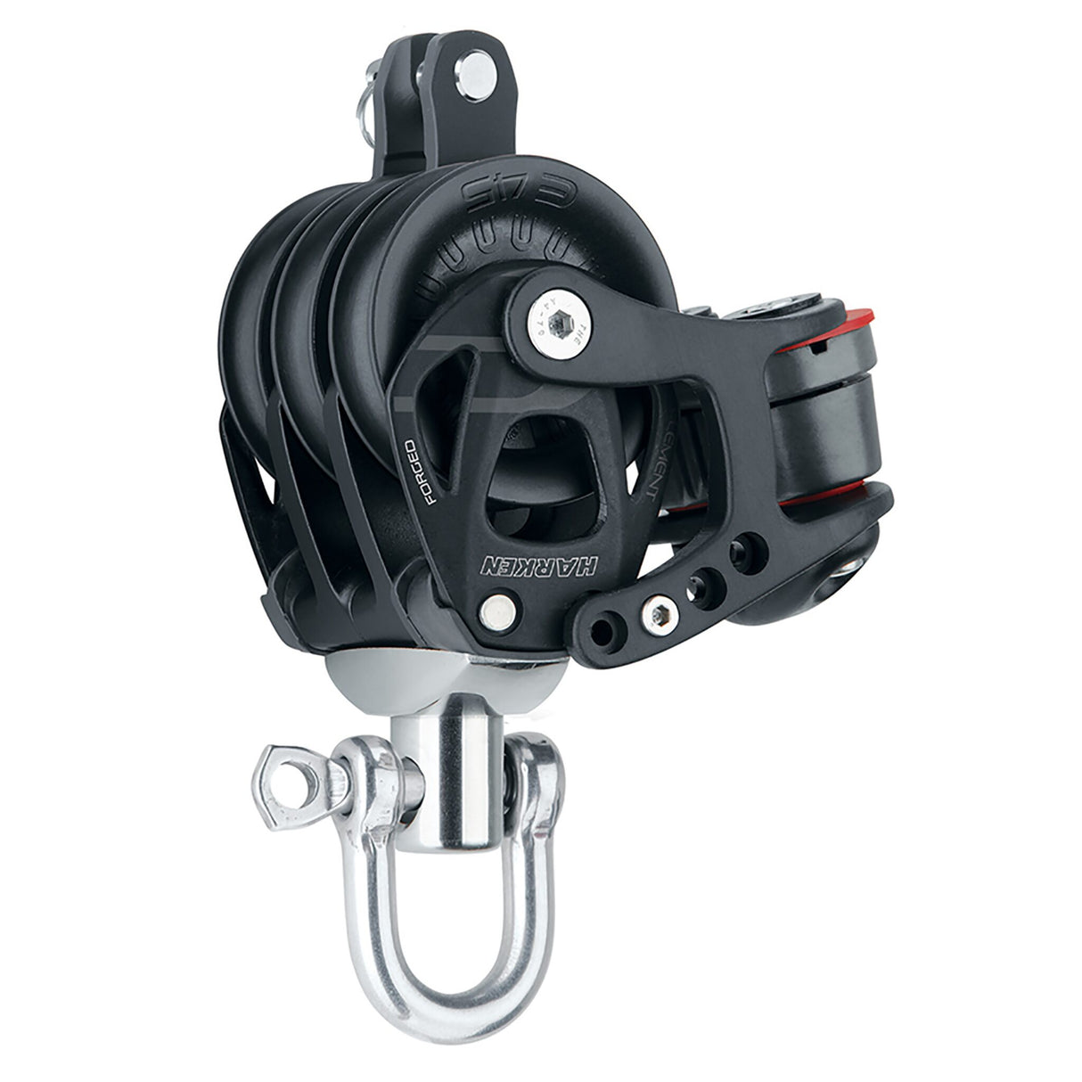 Harken Dreifachblock Aluminium mit Hundsfott und Cam-Matic Curryklemme, hochbelastbar, ideal für 6:1 Talje - 10 - 12 mm