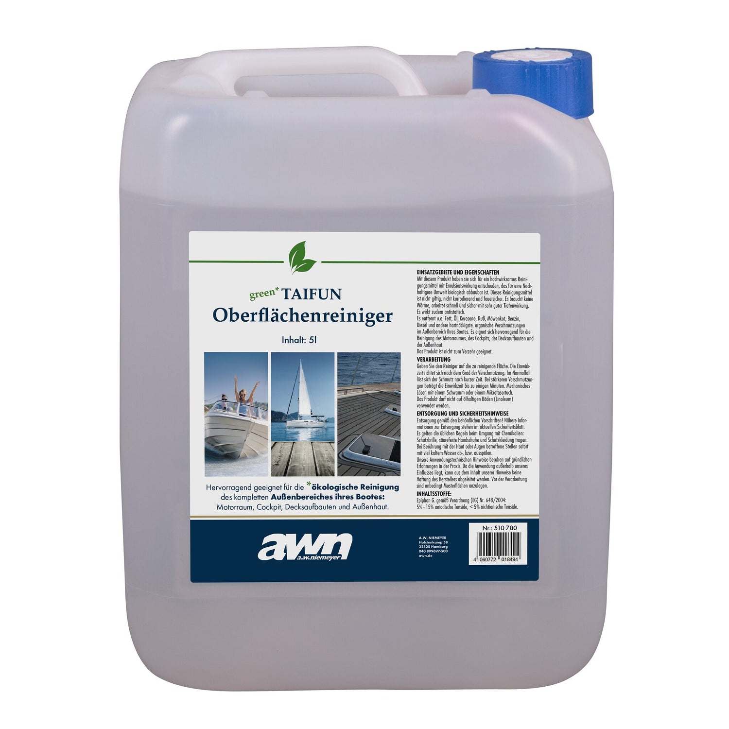 awn Oberflächenreiniger GREEN TAIFUN biologisch abbaubar, Boot-Reinigungsmittel, antistatisch, effektiv gegen Fette und Ruß - 1 - 5 l