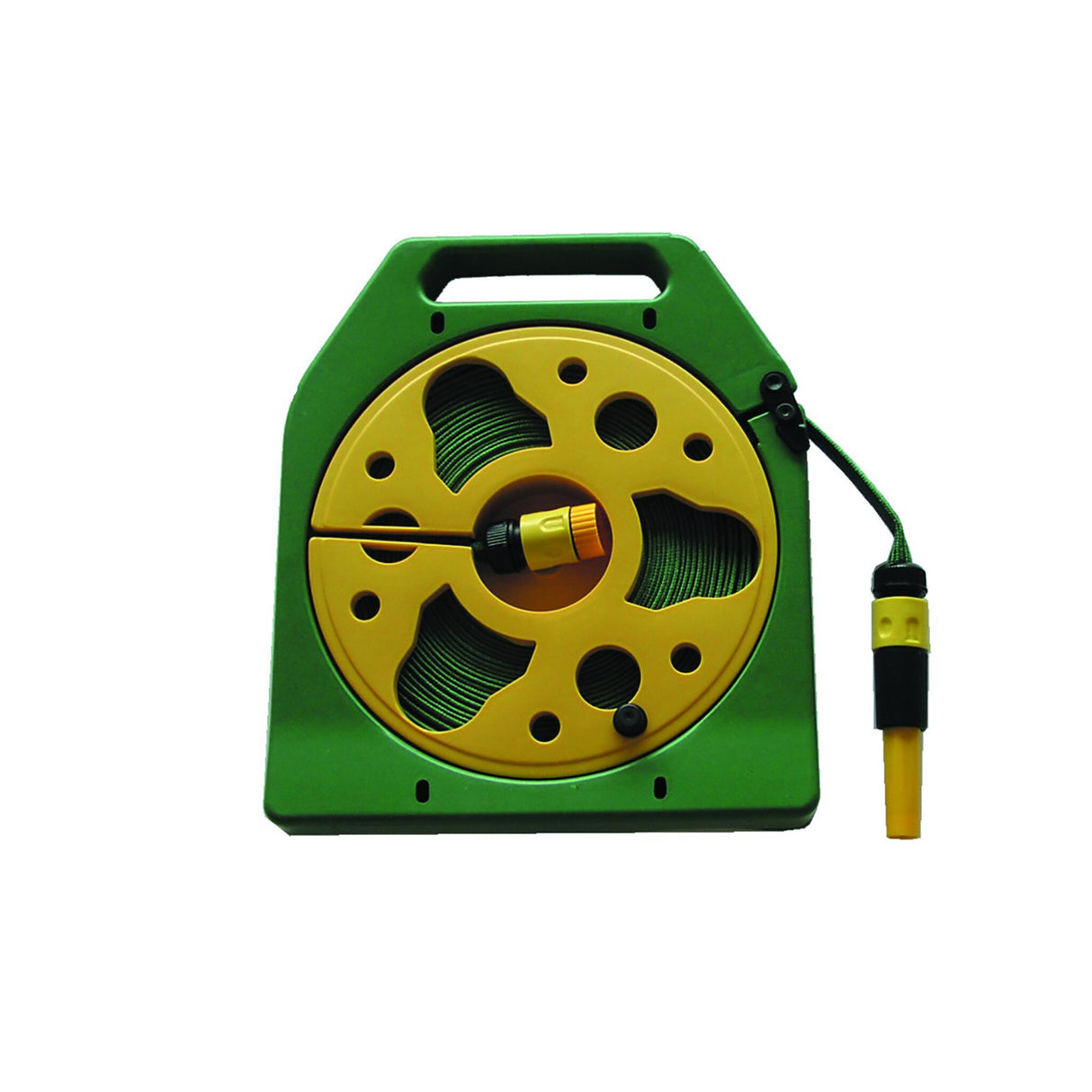 Kassetten-Flachschlauch 15 m Standard 1 Zoll-Gewinde, Gartenschlauch platzsparend, Schnellanschluss kompatibel Gardena-System