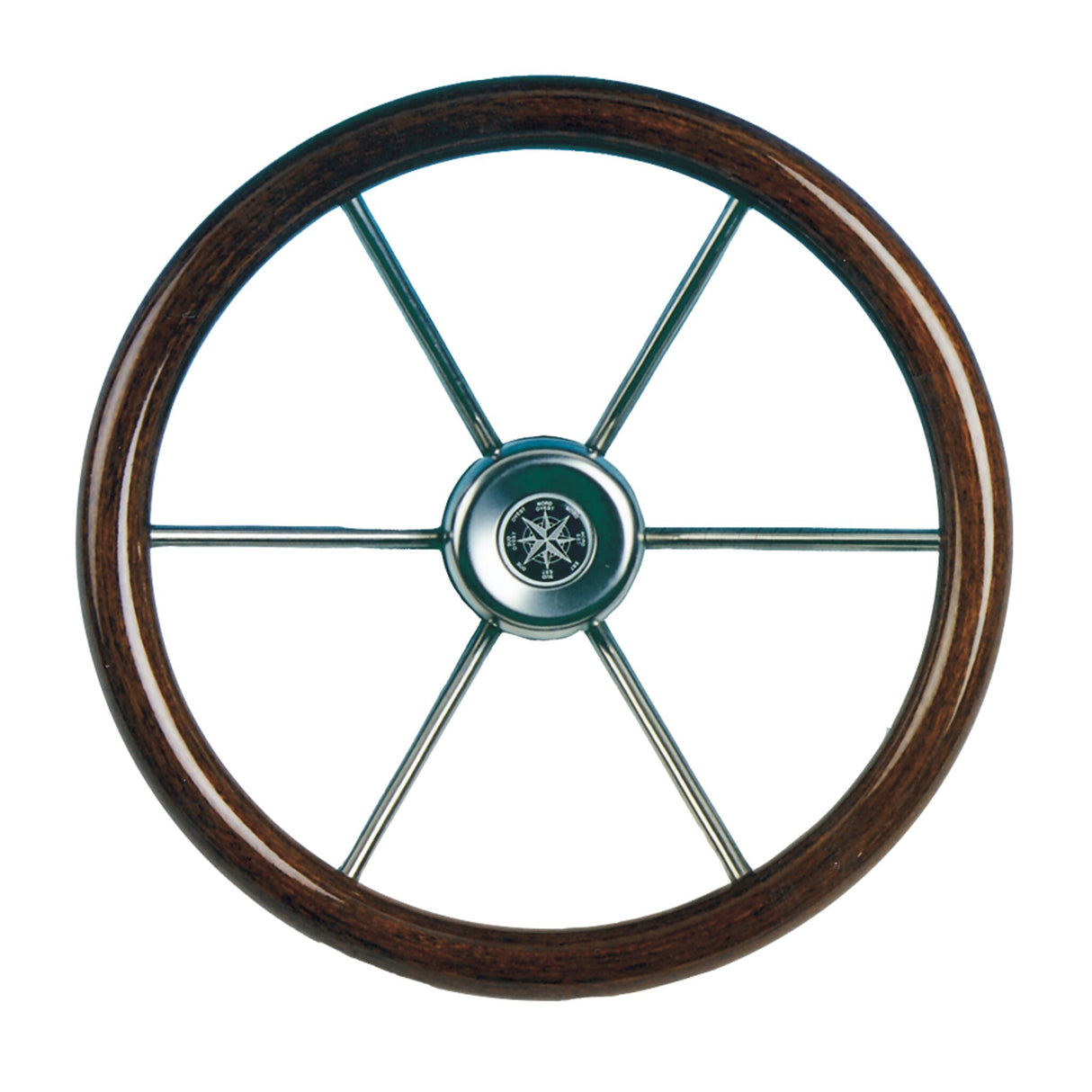 Leader steering wheel with mahogany rim, 6 stainless steel spokes, high-quality boat accessories - 36 - 55 cm
