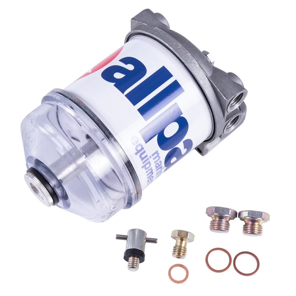 Diesel filter water separator with aluminum head and replaceable filter element, diesel fuel filter, for engines up to 3500 cm3 and 50 l/h flow rate - (Optional with aluminum container)