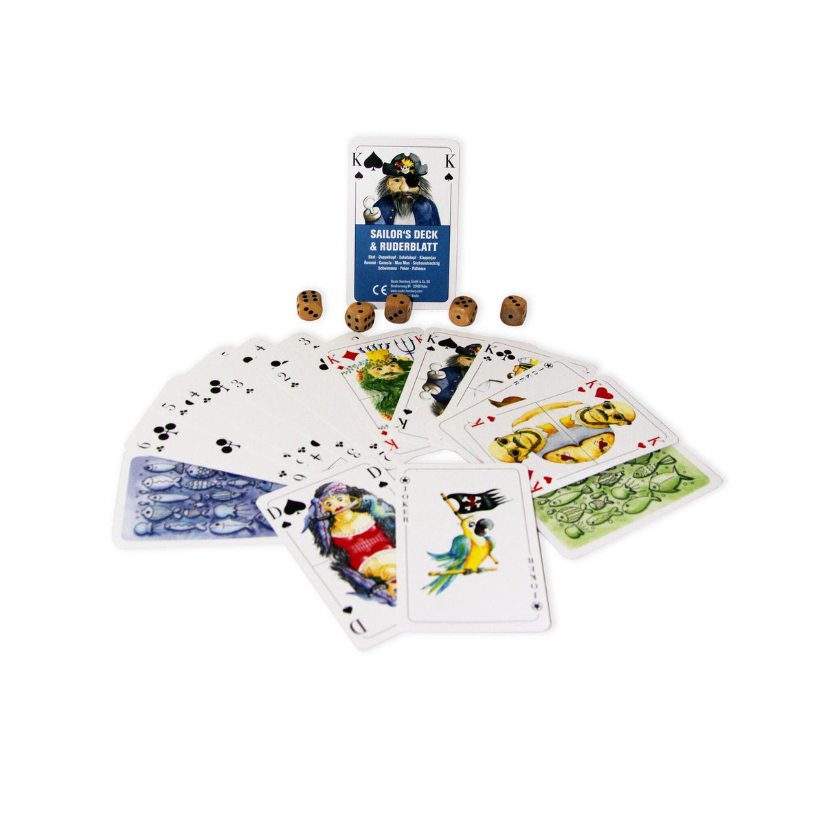 Kartenspiel Captain's Deck & Ruderblatt, handgemalte Figuren, Geschenk für Skat & Poker, 2 x 56 Karten