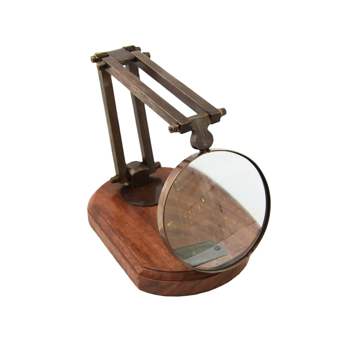 Lupe auf Holzständer aus antikem Messing, Leselupe, 10 cm Durchmesser, 3-fach verstellbar