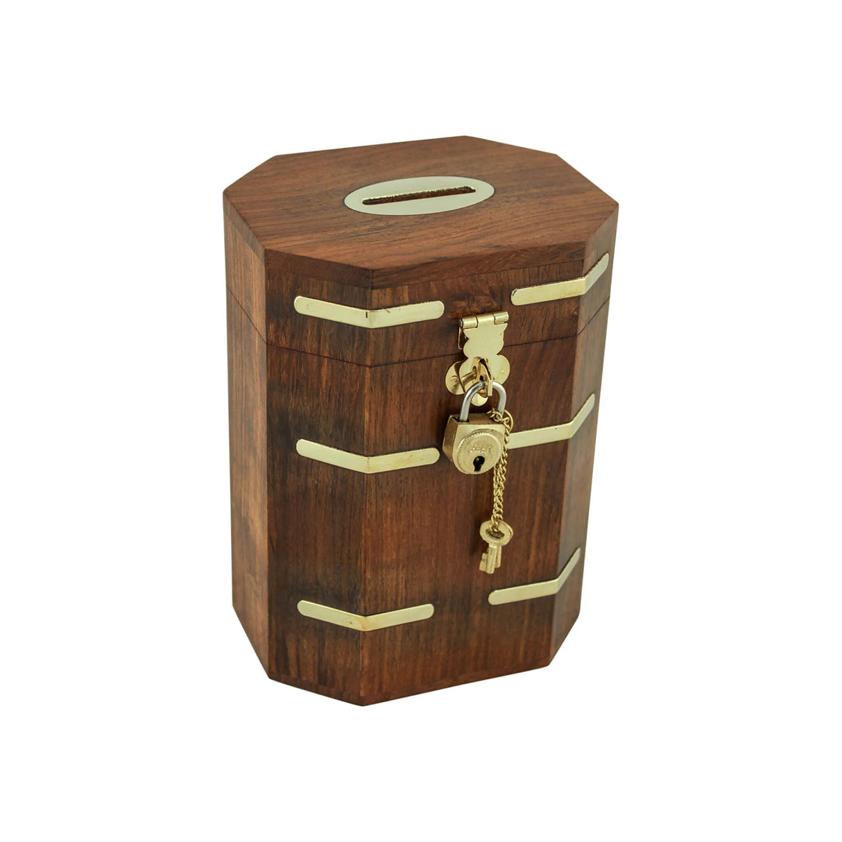 Maritime wooden money box with brass fittings, money box, including lock