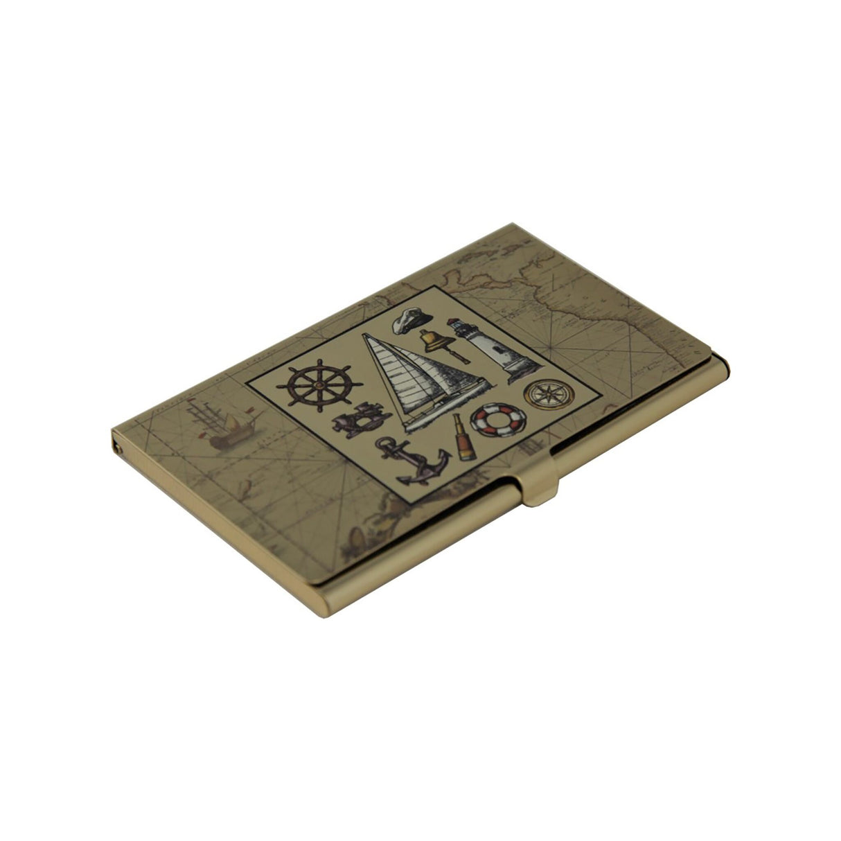 Business card box brass nautical chart design, business card holder, maritime style