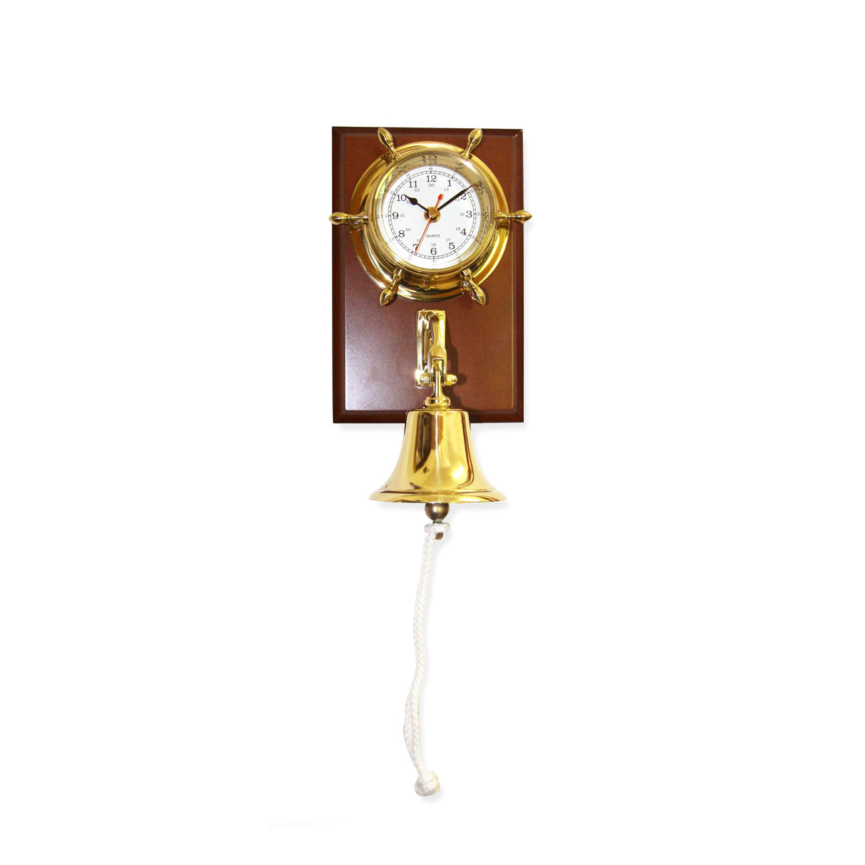 Maritime steering wheel clock with bell, nautical wall clock, elegant wooden panel 16 cm clock 9.5 cm bell