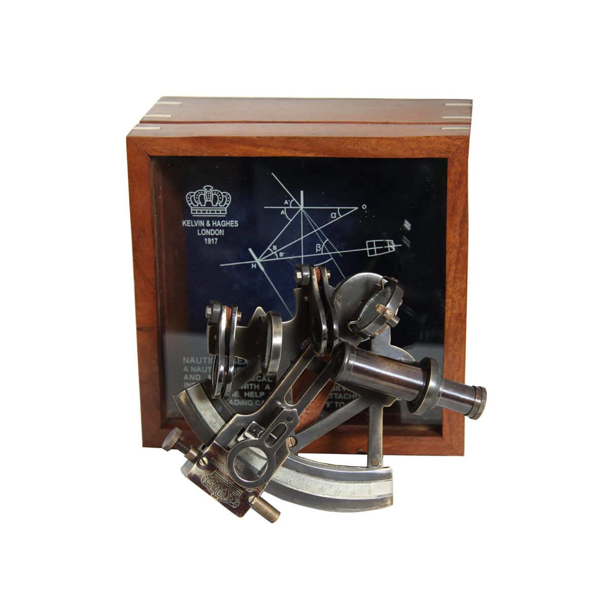Sextant made of antique brass, navigation instrument in wooden box, with viewing window