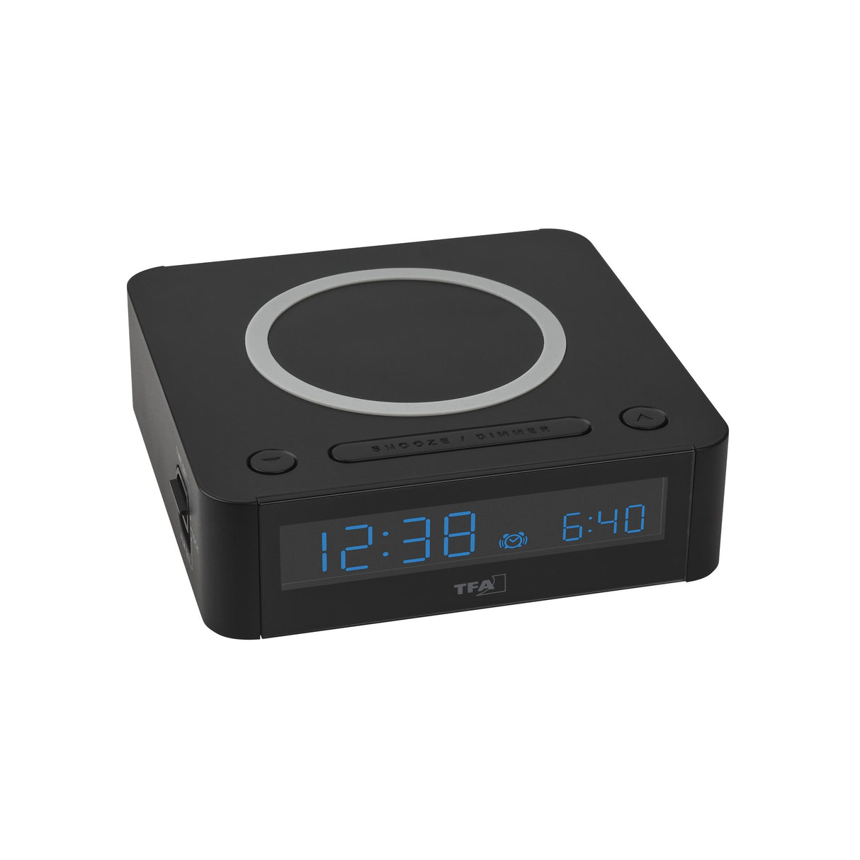 Digital alarm clock with wireless charging station, induction charger, color display with 35 color options