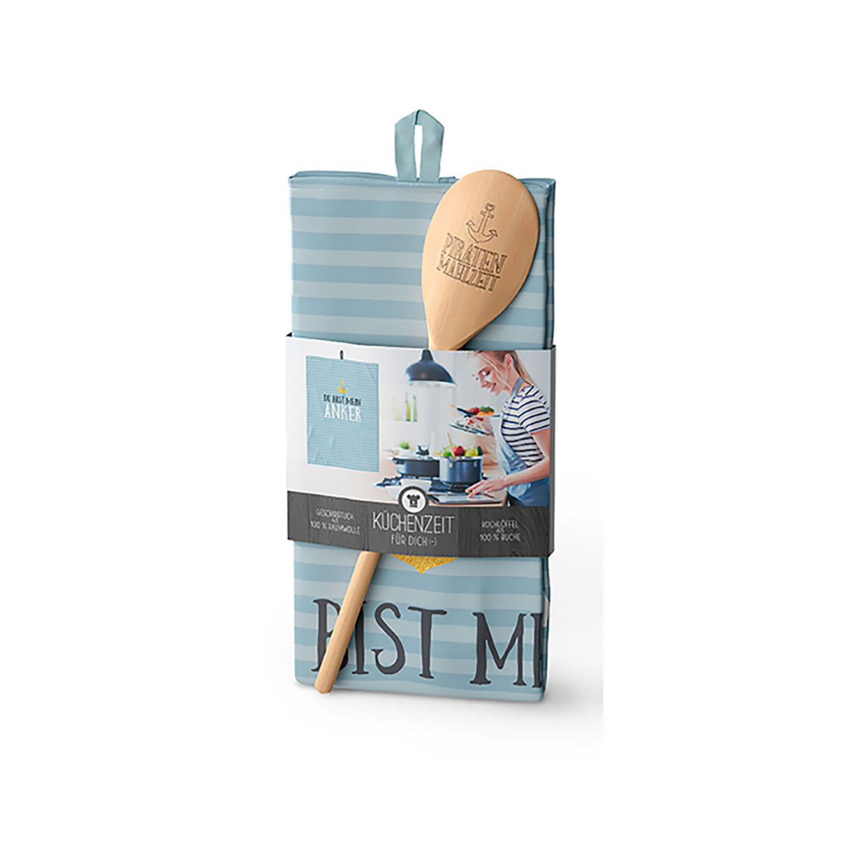 Maritime tea towel set with wooden spoon, sustainable organic cotton, socially and fairly manufactured in Germany - Pirate meal, I love the sea, the sea makes you happy, the sea is always a good option