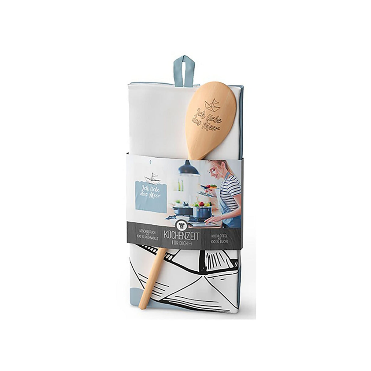 Maritime tea towel set with wooden spoon, sustainable organic cotton, socially and fairly manufactured in Germany - Pirate meal, I love the sea, the sea makes you happy, the sea is always a good option