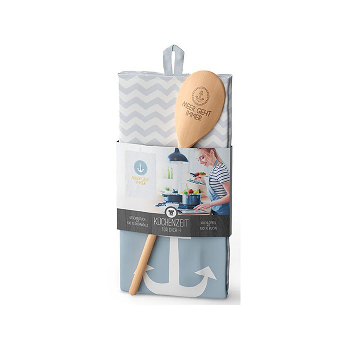 Maritime tea towel set with wooden spoon, sustainable organic cotton, socially and fairly manufactured in Germany - Pirate meal, I love the sea, the sea makes you happy, the sea is always a good option