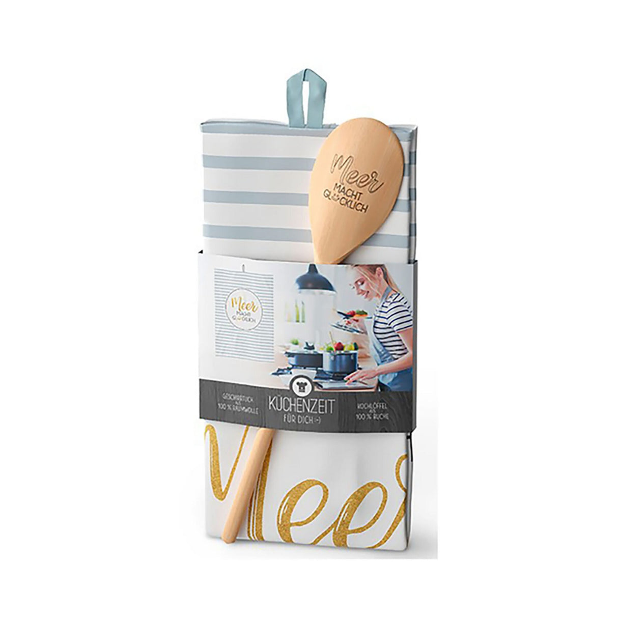 Maritime tea towel set with wooden spoon, sustainable organic cotton, socially and fairly manufactured in Germany - Pirate meal, I love the sea, the sea makes you happy, the sea is always a good option