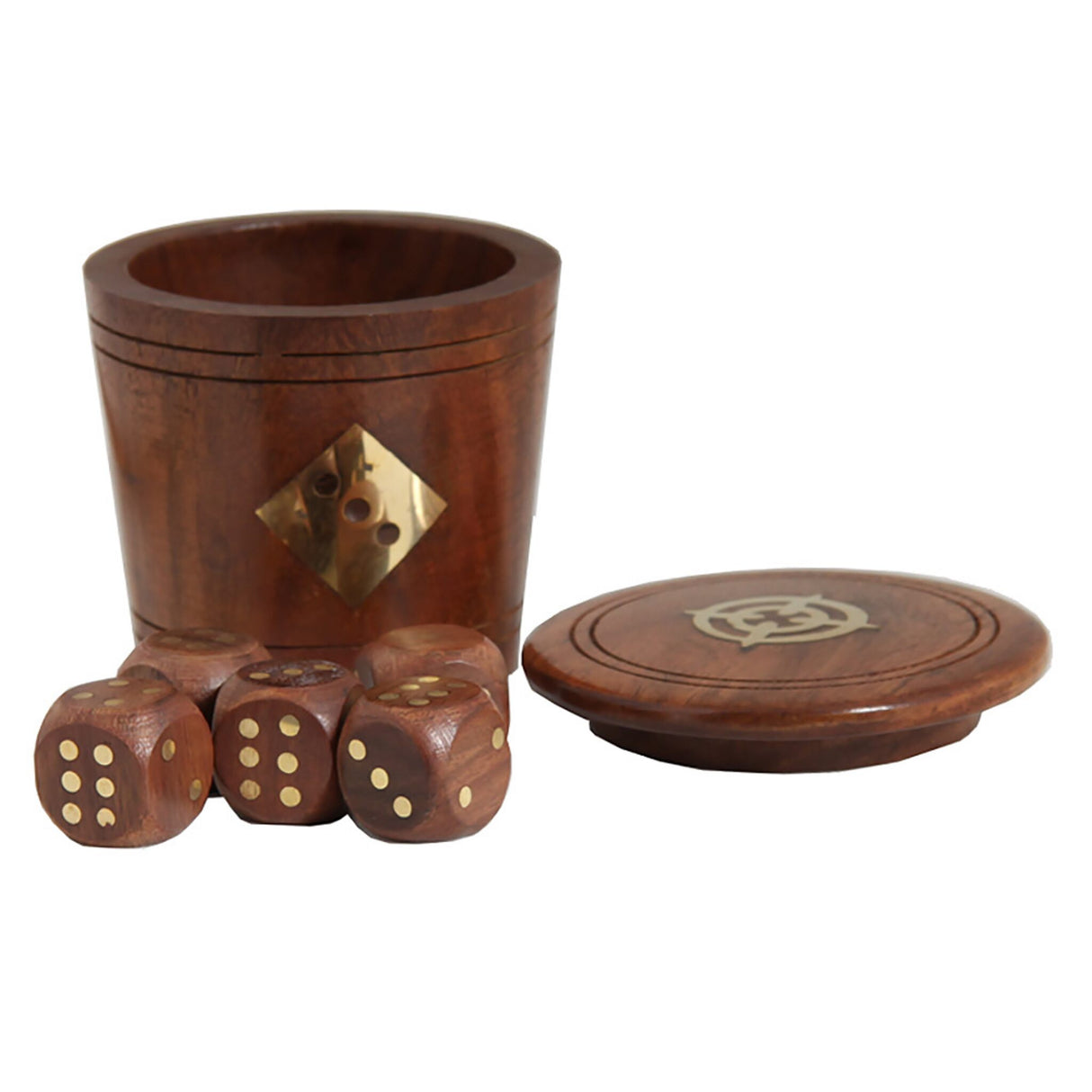 Dice cup made of sustainable wood, dice set, with brass decoration