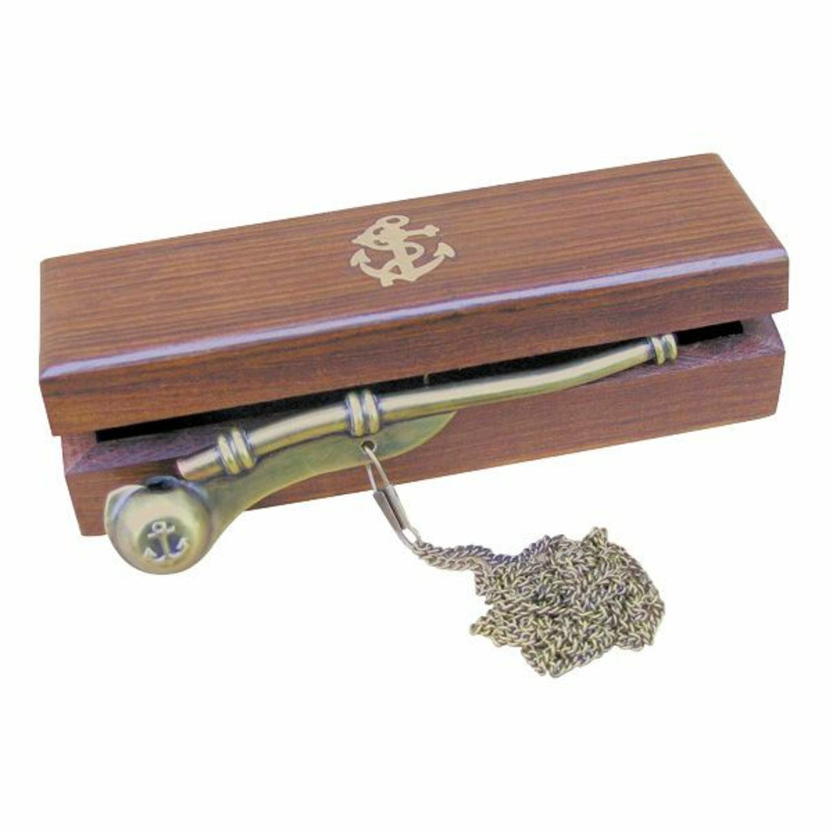 Boatswain's whistle brass/copper antique wooden box, boat whistle with signal instructions, for high-ranking guests and collectors