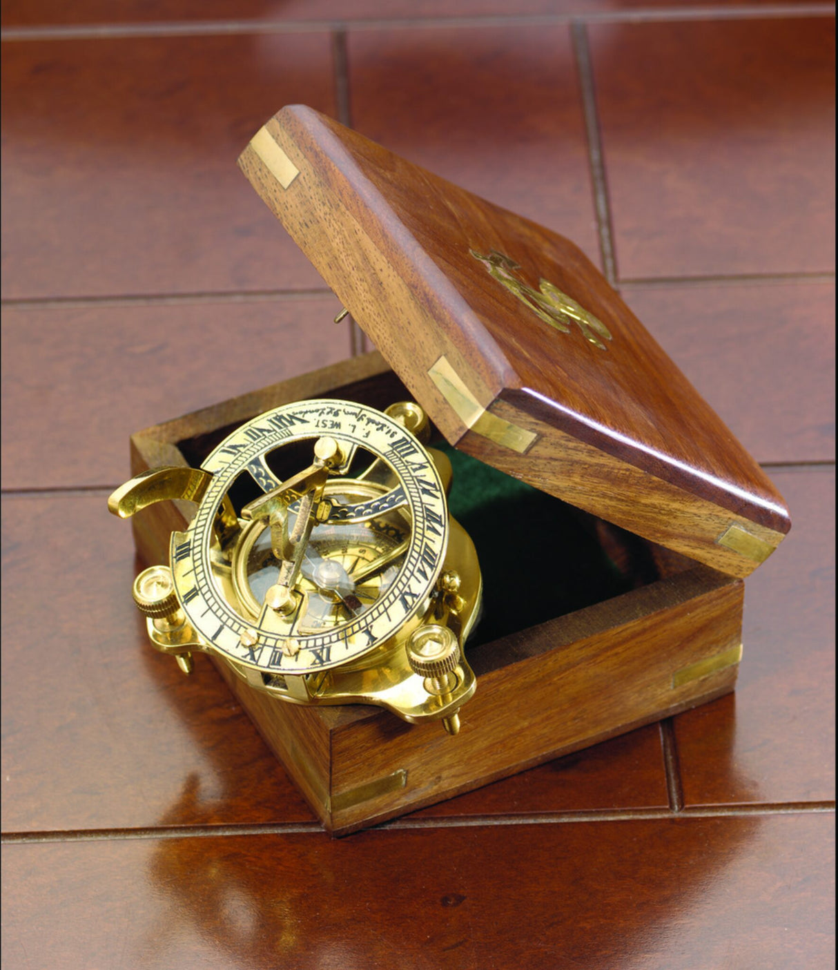 Kompass Sonnenuhr Messing, Navigationsinstrument, im Holzkästchen
