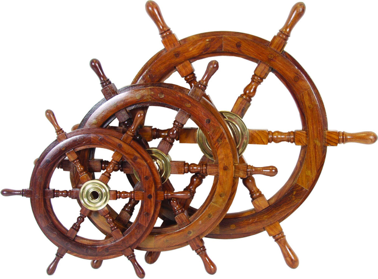Decorative steering wheel made of Asian hardwood with brass hub, maritime wall decoration, weather-resistant, perfect as a gift for water sports enthusiasts