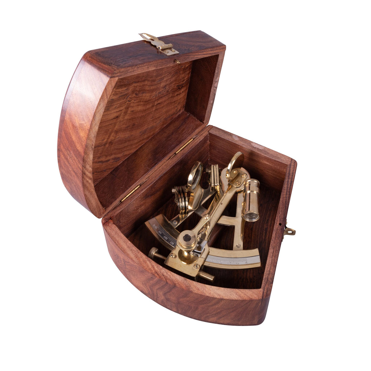 Decorative sextant made of highly polished brass, navigation instrument, in a stylish wooden box