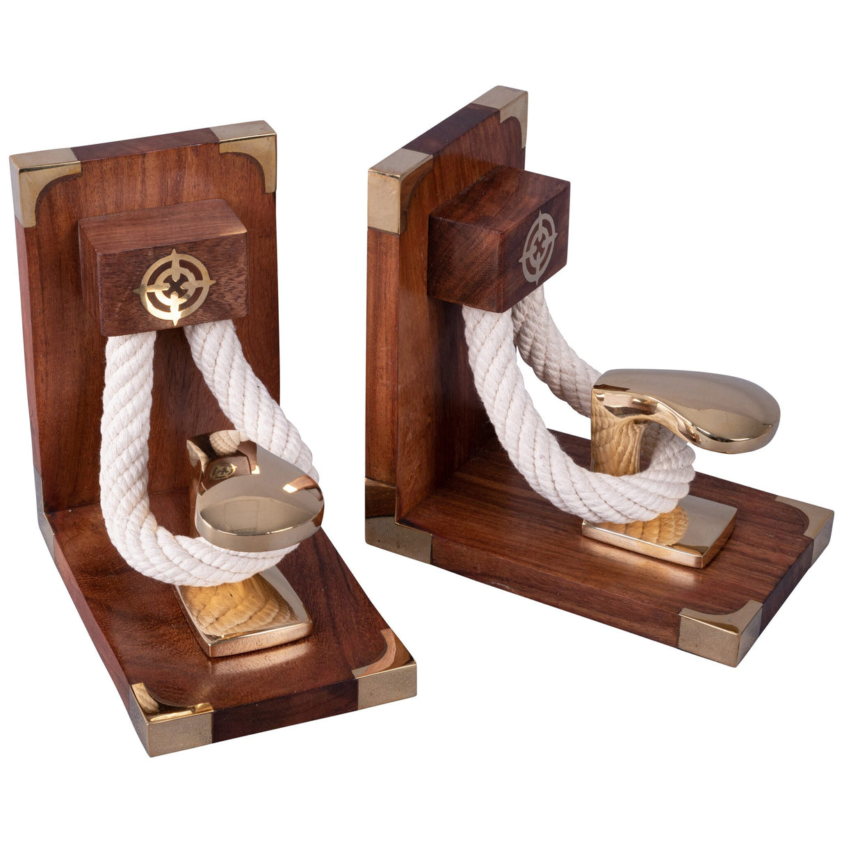 Bookend wood/polished brass bollard and rope, book holder, elegant maritime design 2 pieces