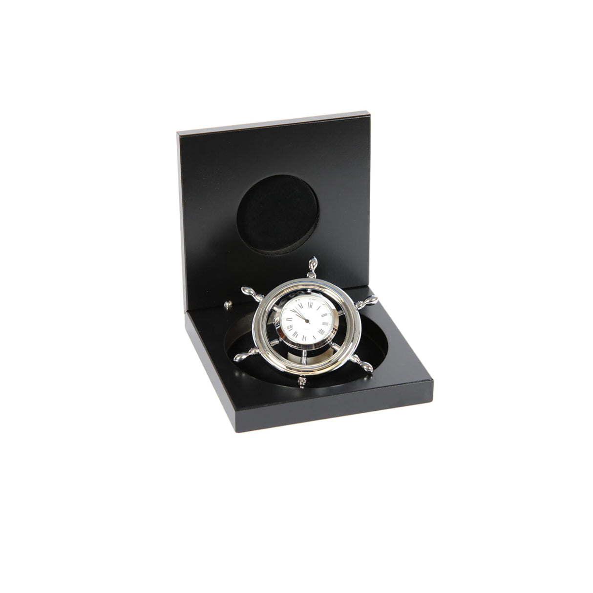 Clock steering wheel made of chrome-plated brass, nautical table clock, wooden box 11.5 x 11.5 cm