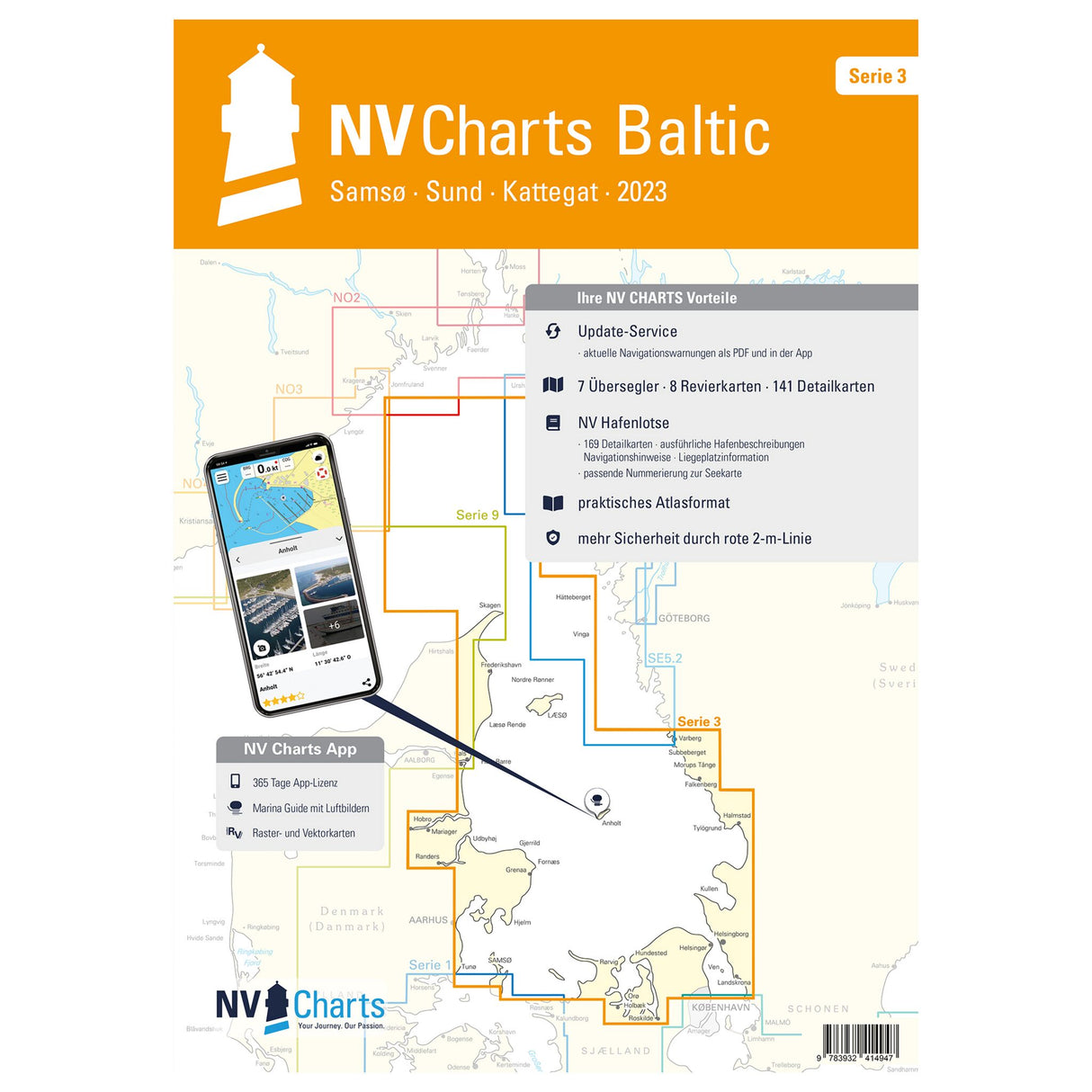 Kombipack Atlas Serie 3 Seekarten-Set dänische Ostsee Samsø, Sund, Kattegat, inklusive Hafenpläne und Durchfahrtshöhen, ideal für Törns