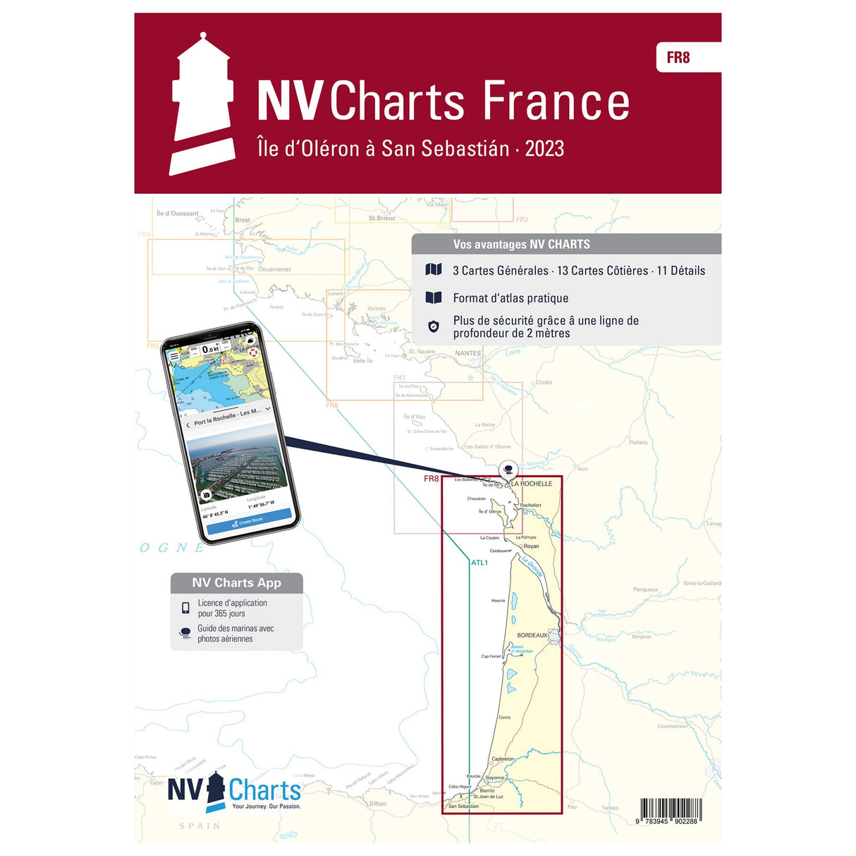 NV Verlag Atlas Frankreich Seekarten La Rochelle bis San Sebastian und Bordeaux, NV Atlas Biskaya, inklusive Hafenpläne und Gezeiteninfos