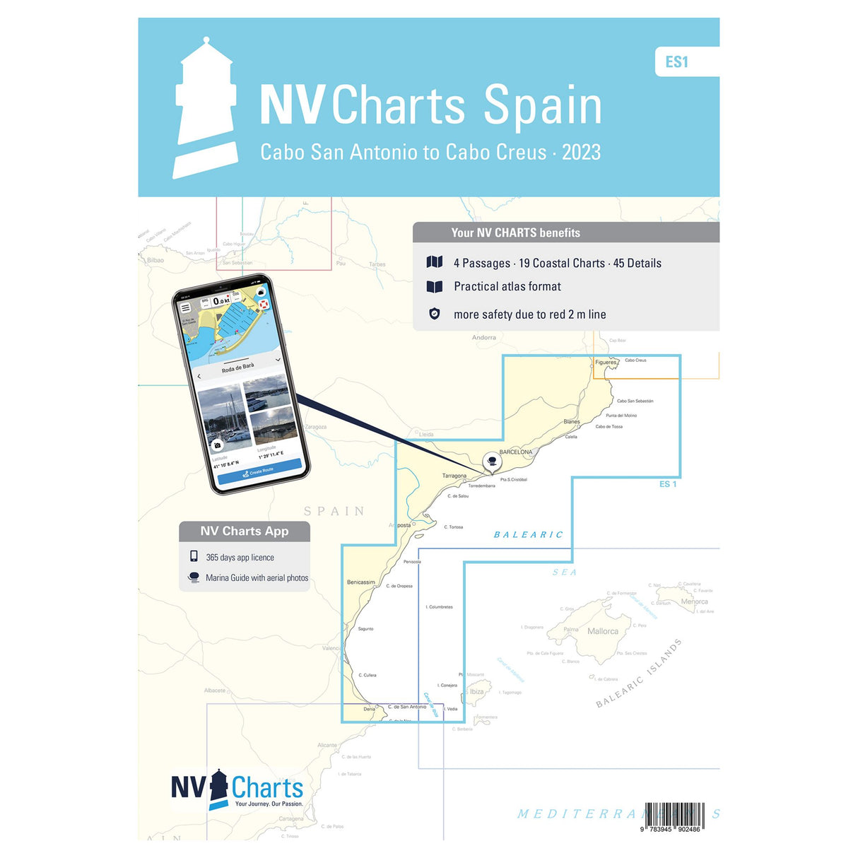 NV Atlas Seekarten Spanien Cabo San Antonio bis Cabo Creus, Mittelmeer-Segelkarte, Hafenpläne und Ansteuerungsdetails