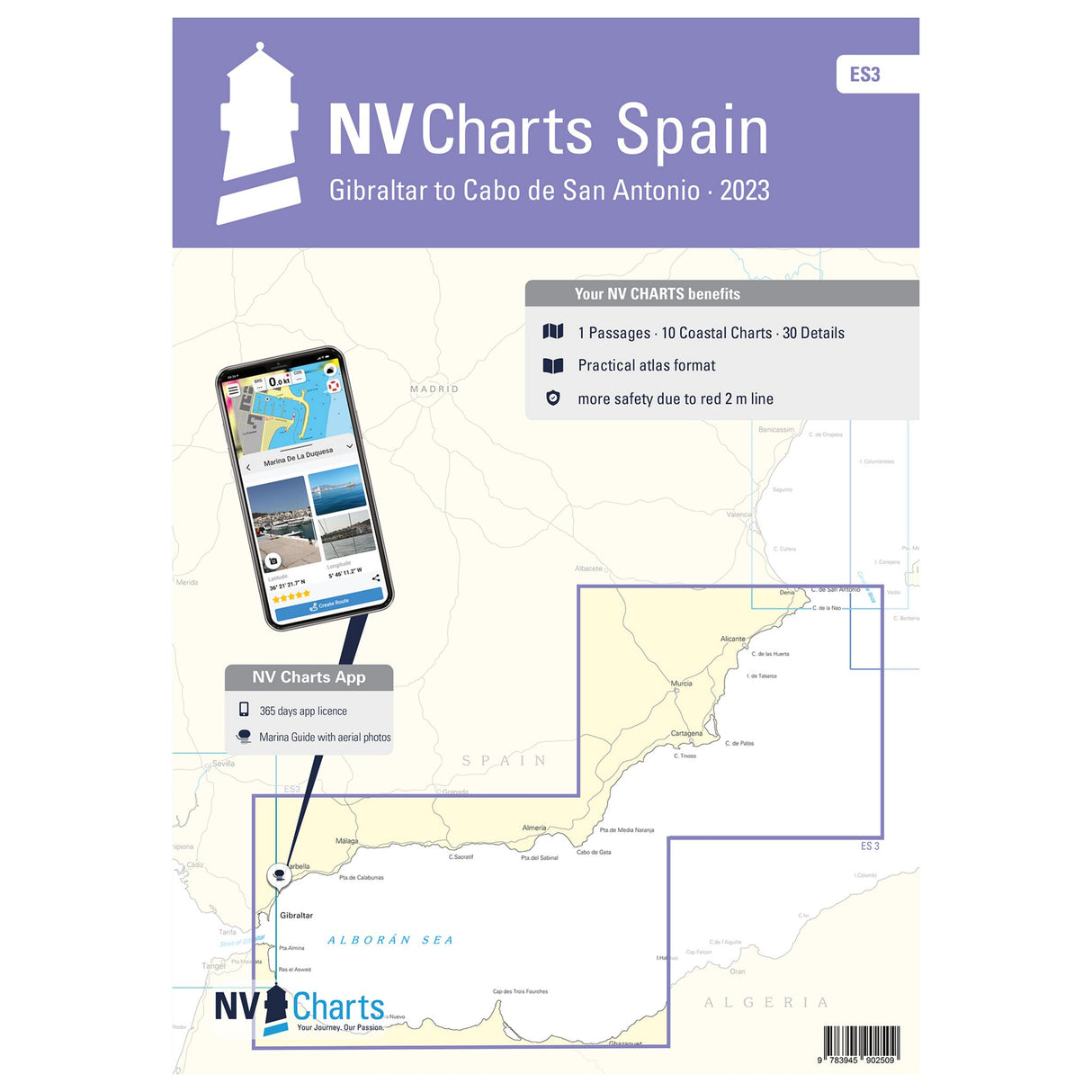 NV Seekarten Atlas Spanien, Navigationskarten Mittelmeer, Cabo San Antonio bis Gibraltar, inklusive Hafenpläne und Ansteuerungsdetails
