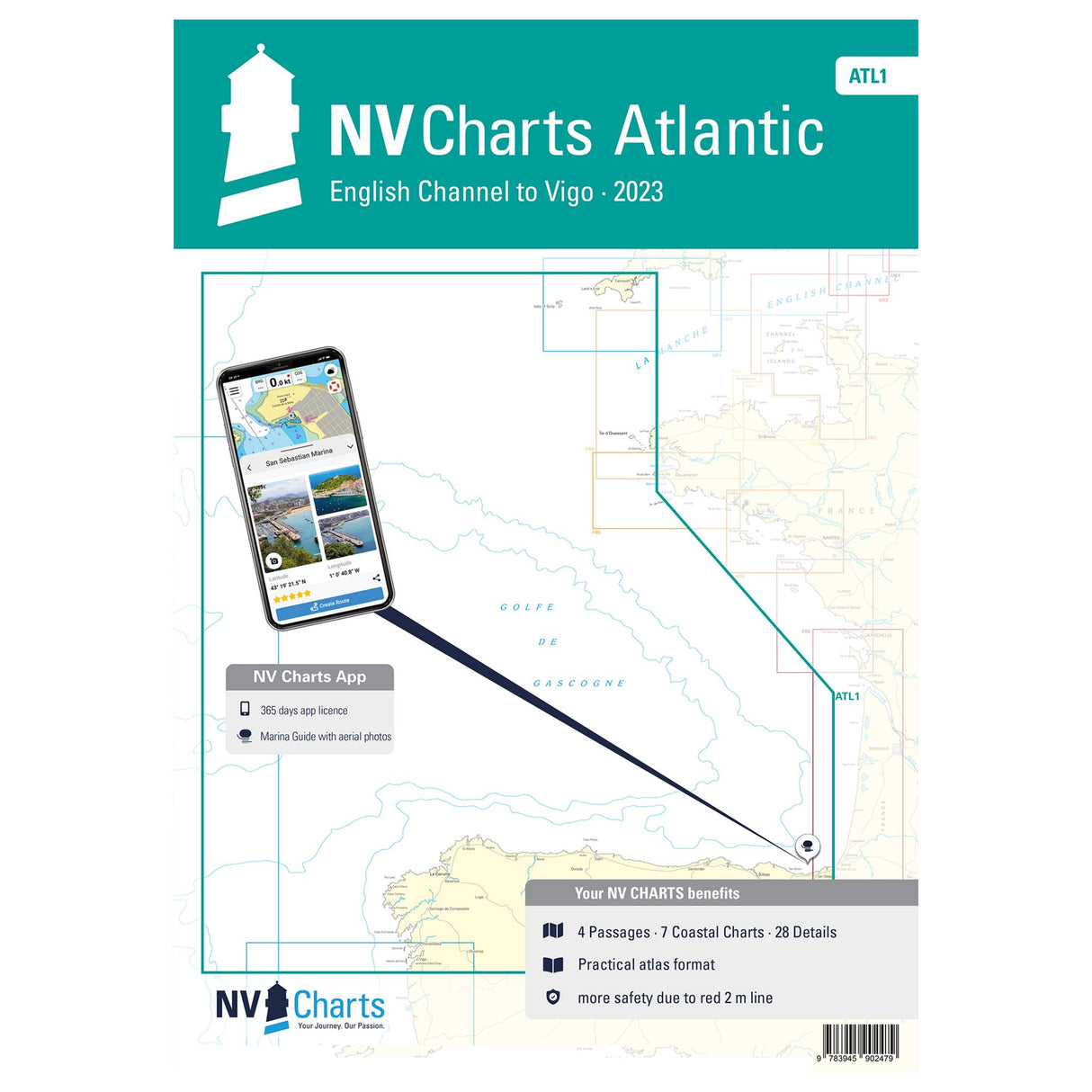 NV Atlas Seekarten Atlantik Falmouth bis Vigo – Nordküste Spanien, Navigationskarte, inklusive Hafenpläne und Gezeitenübersicht