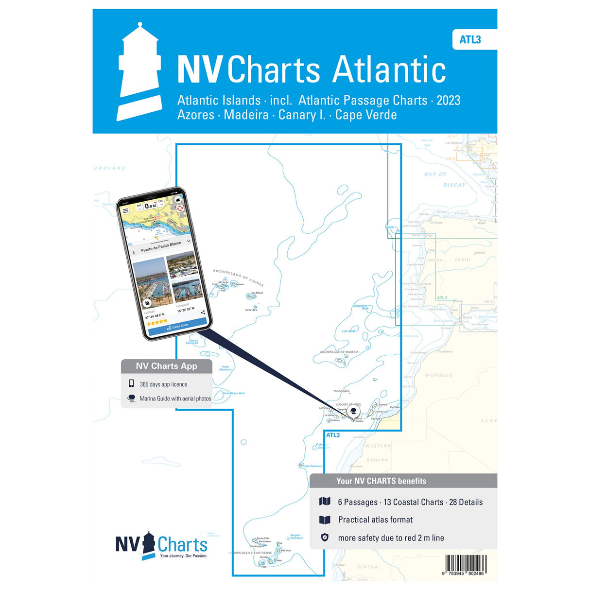 NV Atlas Seekarten-Set, Navigationskarten für Atlantikinseln, inkl. Hafenpläne und Gezeiteninfos