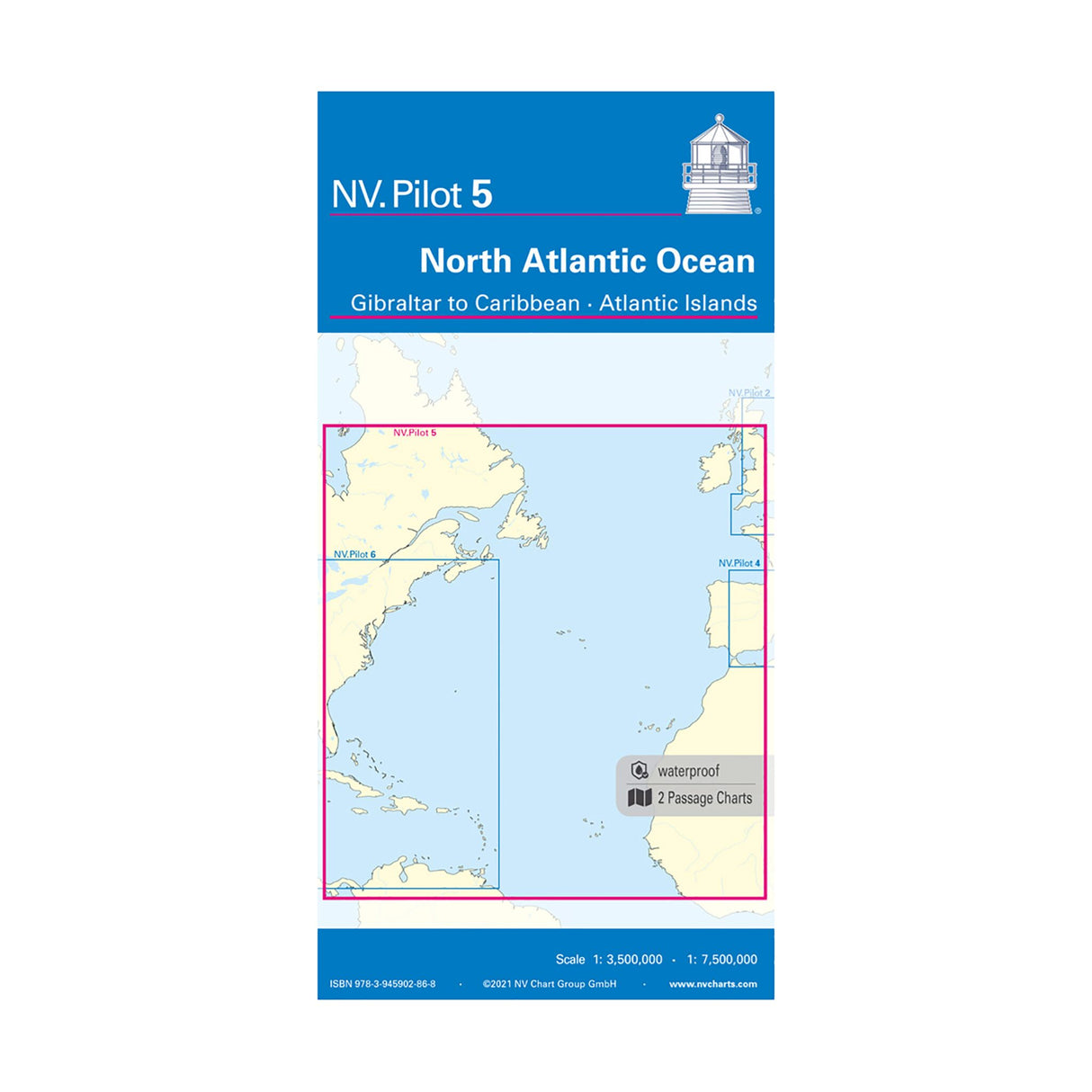 NV Lotsenkarte Seekarte North Atlantic Ocean - Gibraltar to Caribbean - Atlantic Islands, Seefahrtskarte, Maßstab 1:3,5 Mio/1:7,5 Mio, inklusive Strömungen und Leuchtfeuer