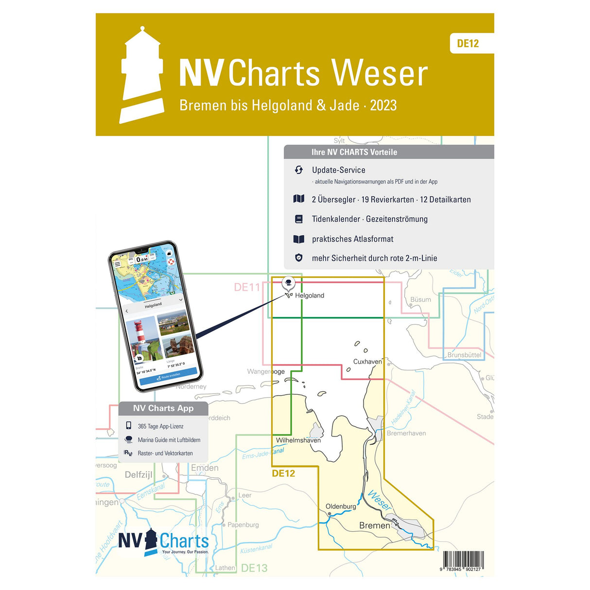 NV Verlag Seekarten-Set Weser-Bremen bis Helgoland und Jade DE12, NV Atlas Seefahrerkarten, digitale Navigation mit NV Charts App