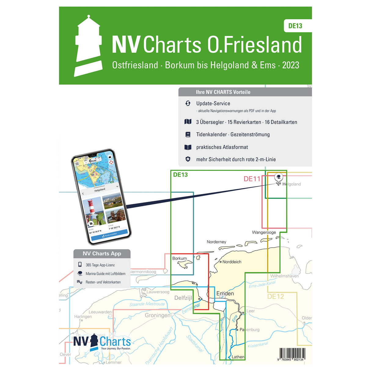 NV Atlas Seekarten Ostfriesland - Borkum bis Helgoland & Ems DE13, Revierkarten für Törnplanung, kostenlose NV Charts App inkludiert