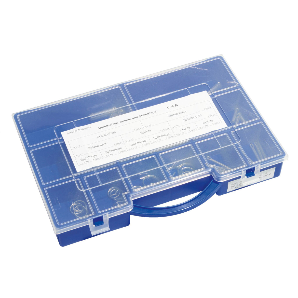 Sortimentskasten Edelstahl-Splint Set V4A, Befestigungselemente, praktische Box mit verschließbarem Deckel