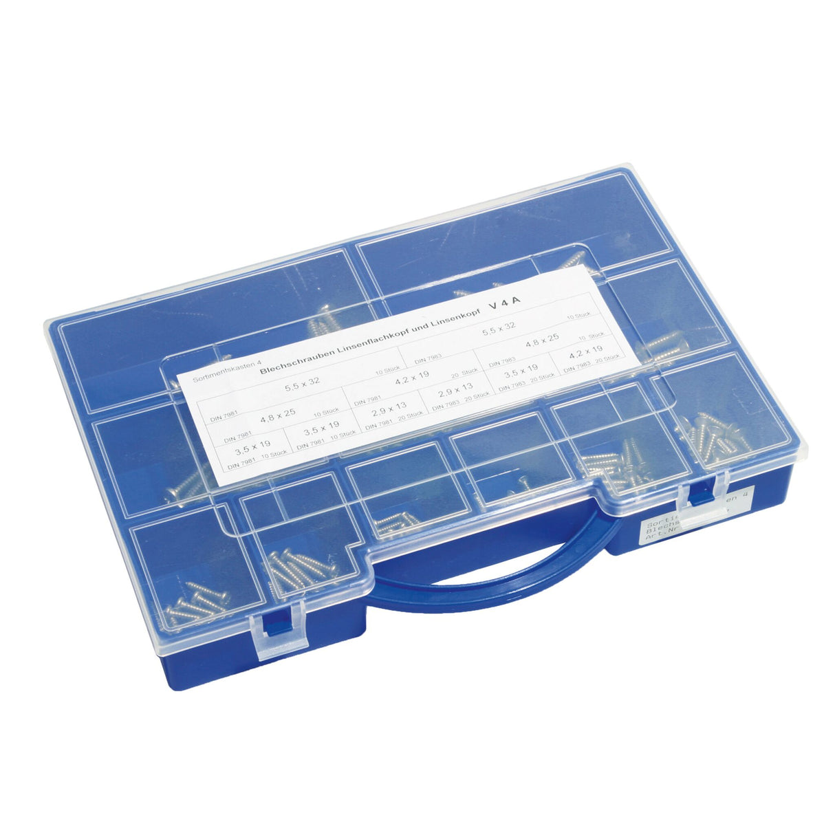 Sortimentskasten Blechschrauben Linsen-Flachkopf Linsen-Senkkopf V4A Edelstahl, Schraubenset, robuste Kunststoffbox verschließbar