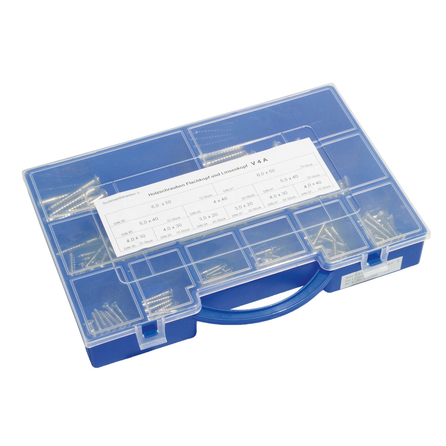 Sortimentskasten Holzschrauben Flachkopf Linsenkopf V4A Edelstahl, Schraubenbox, praktische Kunststoffbox mit verschließbarem Deckel
