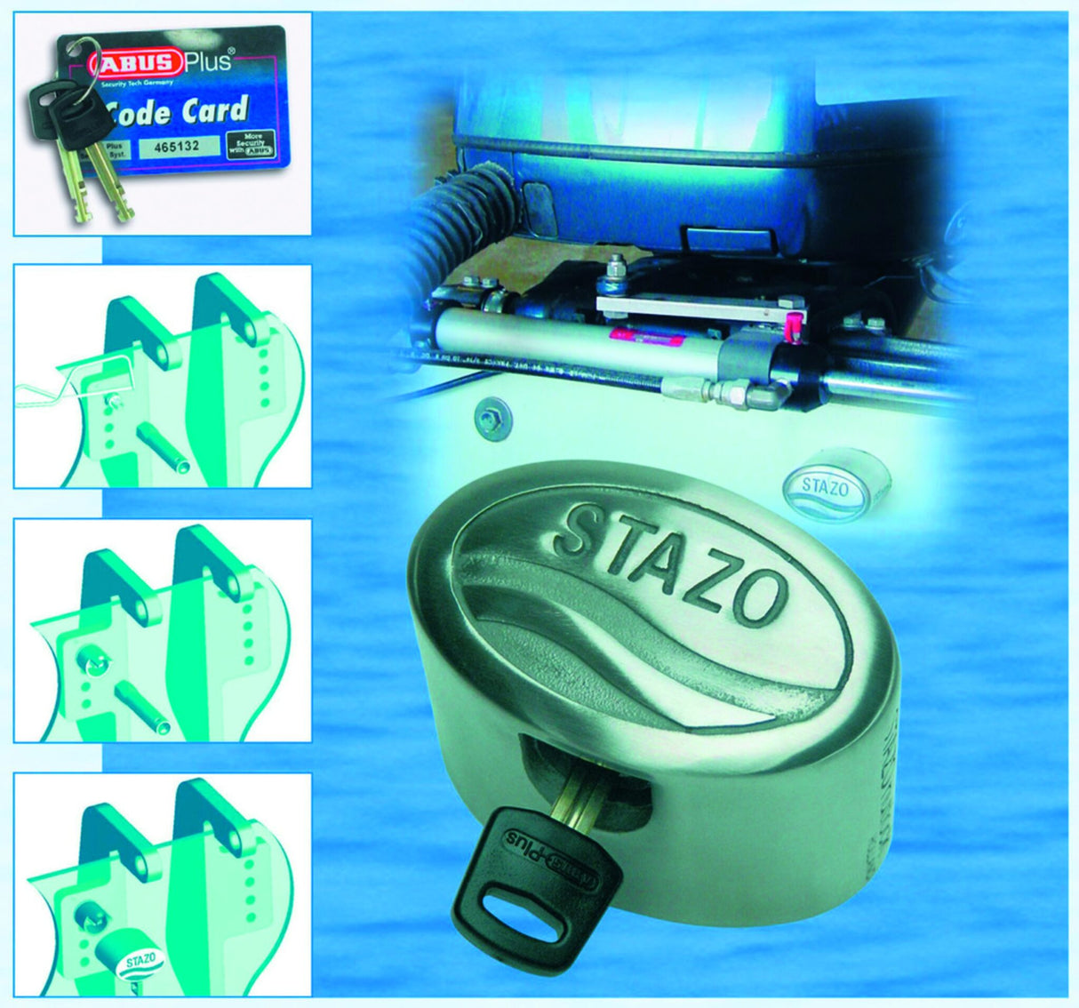 Stazo outboard lock made of stainless steel for engines from 35 HP, boat engine lock, ABUS marine cylinder certified SCM/VbV