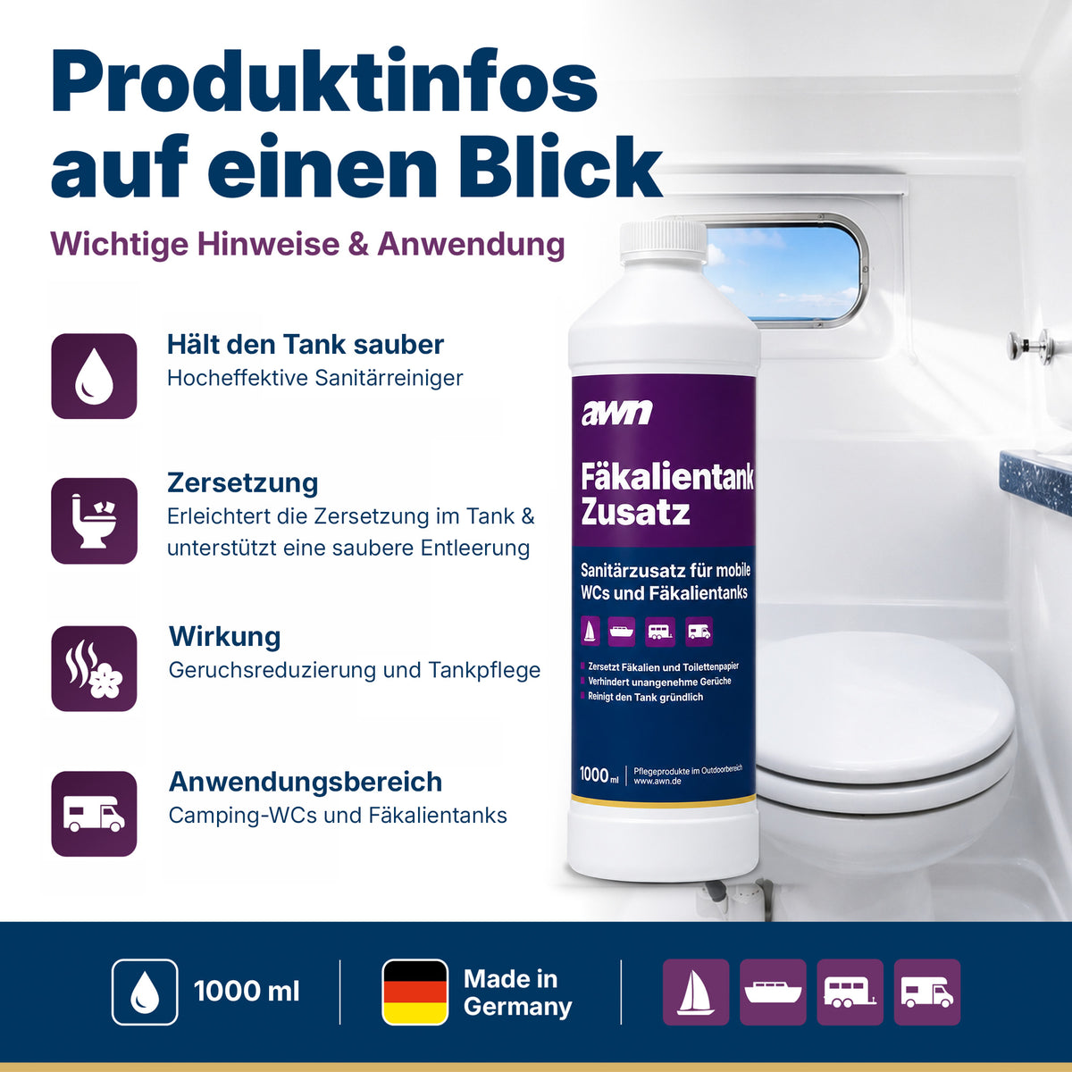 awn Fäkalientank Zusatz, Geruchsreduzierung und Tankpflege für Camping-WCs und Fäkalientanks, 1 Liter