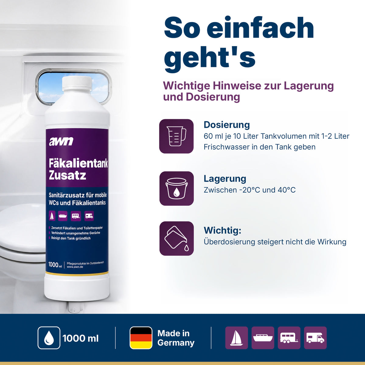 awn Fäkalientank Zusatz, Geruchsreduzierung und Tankpflege für Camping-WCs und Fäkalientanks, 1 Liter