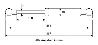 Gasdruckfeder 352mm / 130mm mit Kugelkopfaufnahme Schwarz