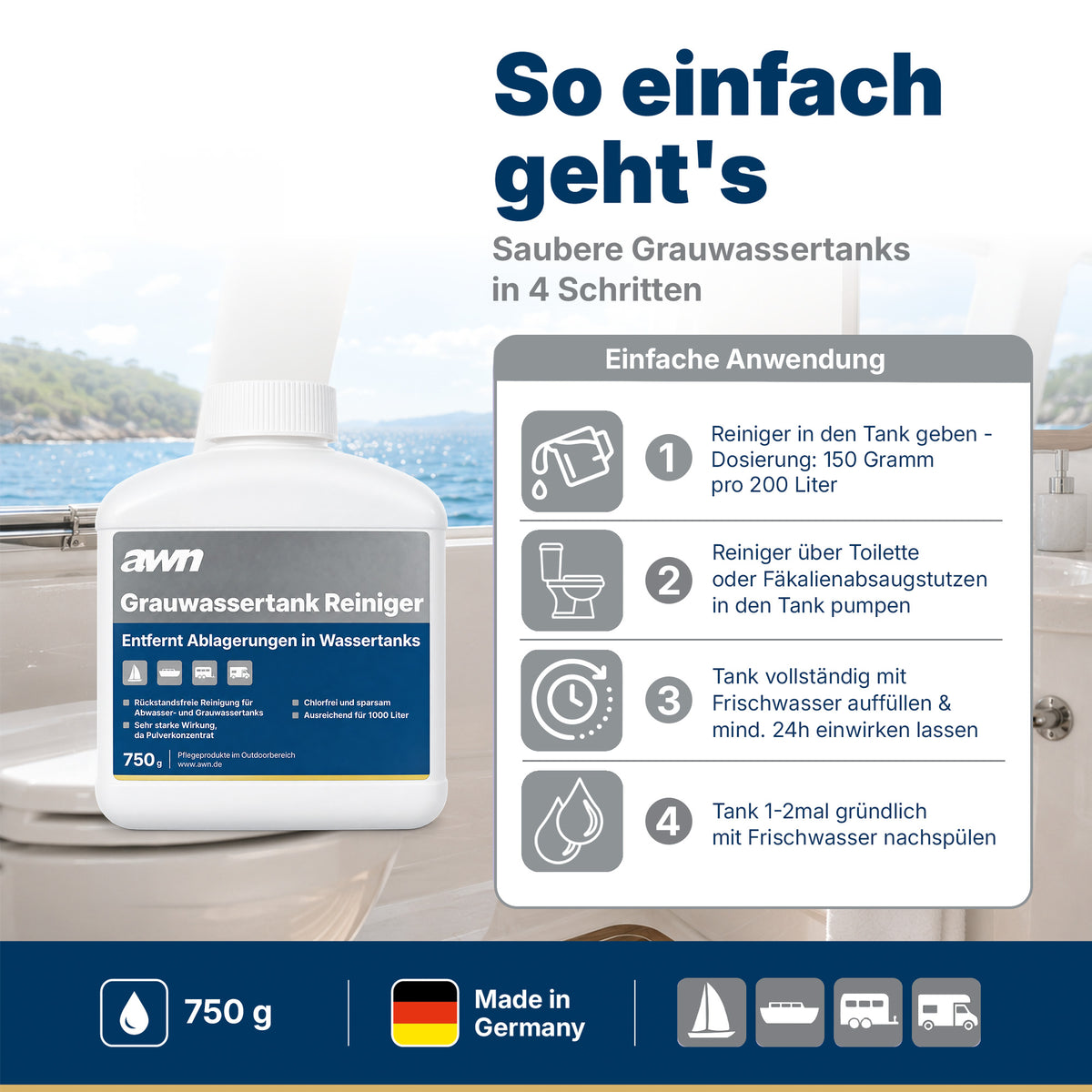 awn Grauwassertank Reiniger, chlorfrei, mit aktivem Sauerstoff, für Tanks, Schläuche und Leitungen, 750 g