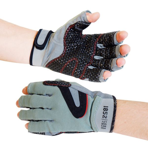 1852 Seglerhandschuhe grau, offene Fingerspitzen, rutschfeste Griffflächenbeschichtung, verstellbarer Klettverschluss für perfekten Sitz -